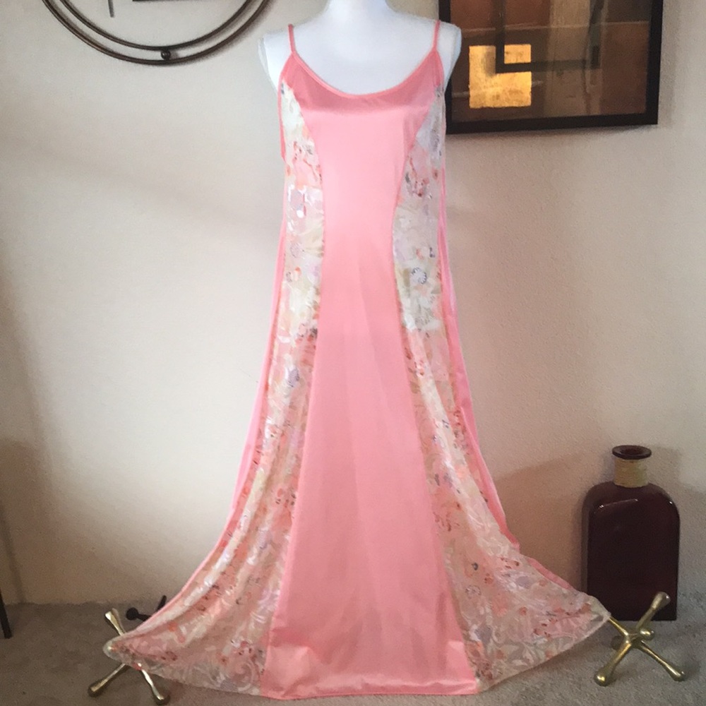 NWT Pink Lace Panels Full Sweep Maxi Long Nightgown Full Slip Dress Lingerie